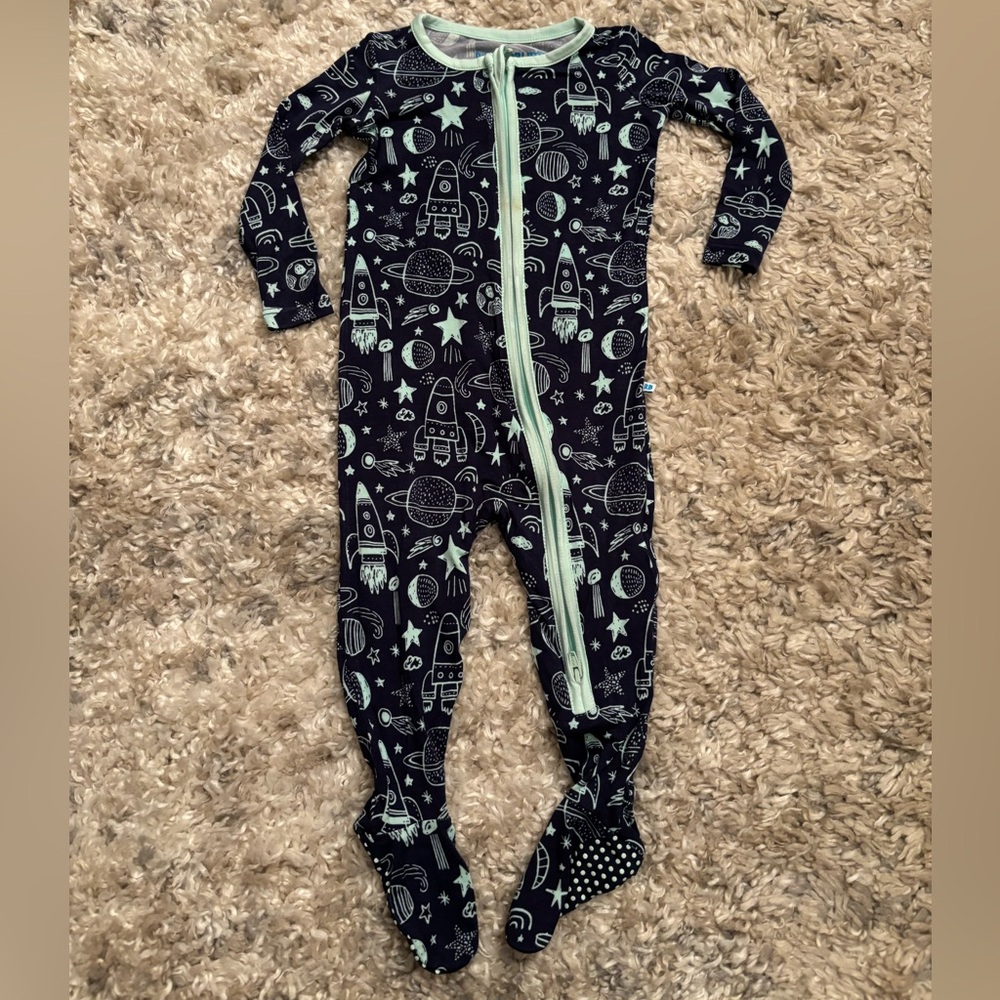 Rugged Butts Navy Blue Rocket Print Footie Pajamas - 6-12m